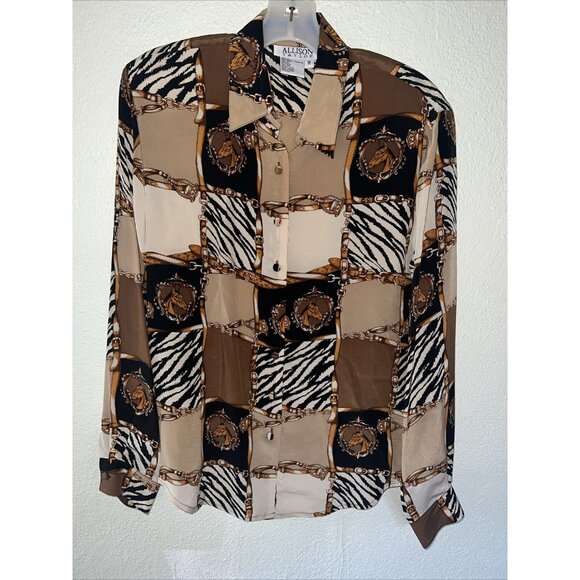 vintage Allison Taylor Silk Blouse Rare Baroque Horse & Zebra block Print rich - Picture 2 of 9